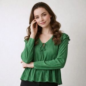 Zara Green Pleated Peplum Blouse Ruffle Romantic Cottagecore Flowy Top M